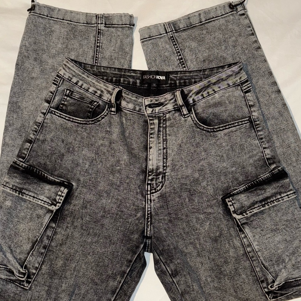 Fashion Nova Acid Wash Grey Cargo Jeans